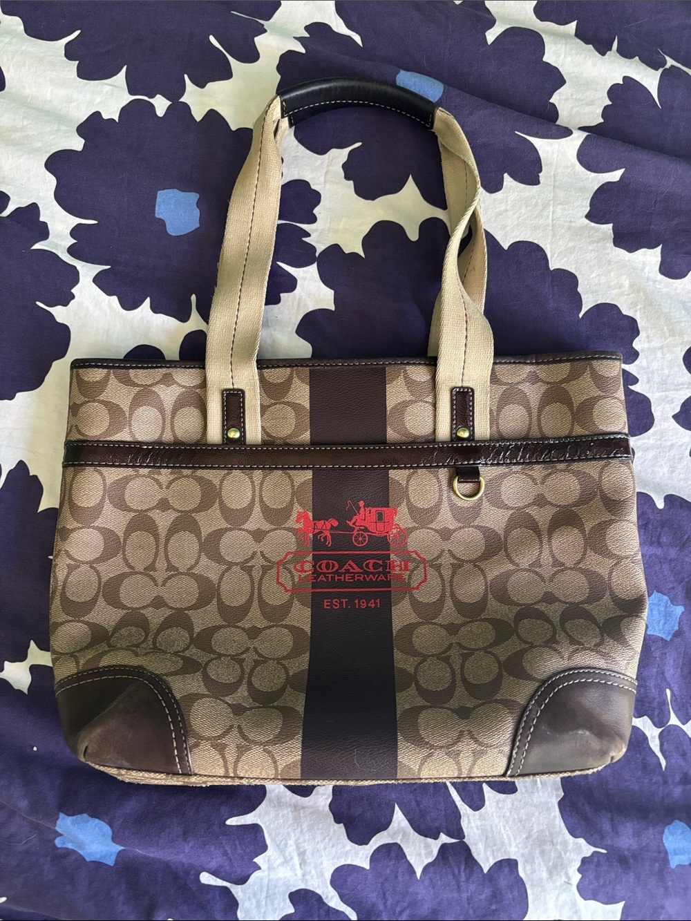 Coach Brown SignatureTote with Dark Brown Stripe and Red Logo